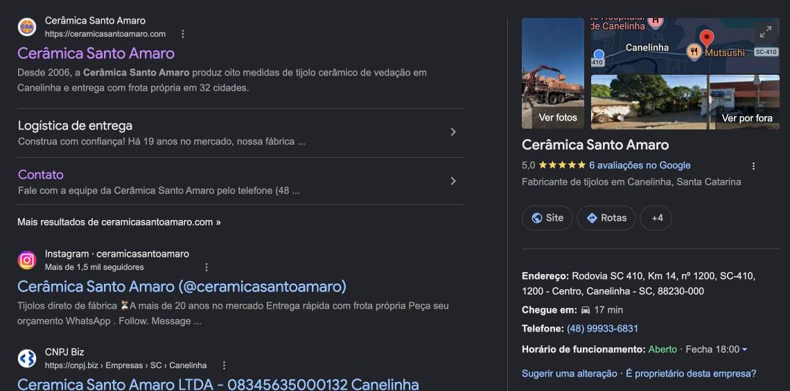 Resultado do Google para cerâmica santo amaro: o site em primeiro lugar e, à direita, o painel do Perfil da Empresa com nota 5,0, 6 avaliações, categoria Fabricante de tijolos e o WhatsApp (48) 99933-6831.