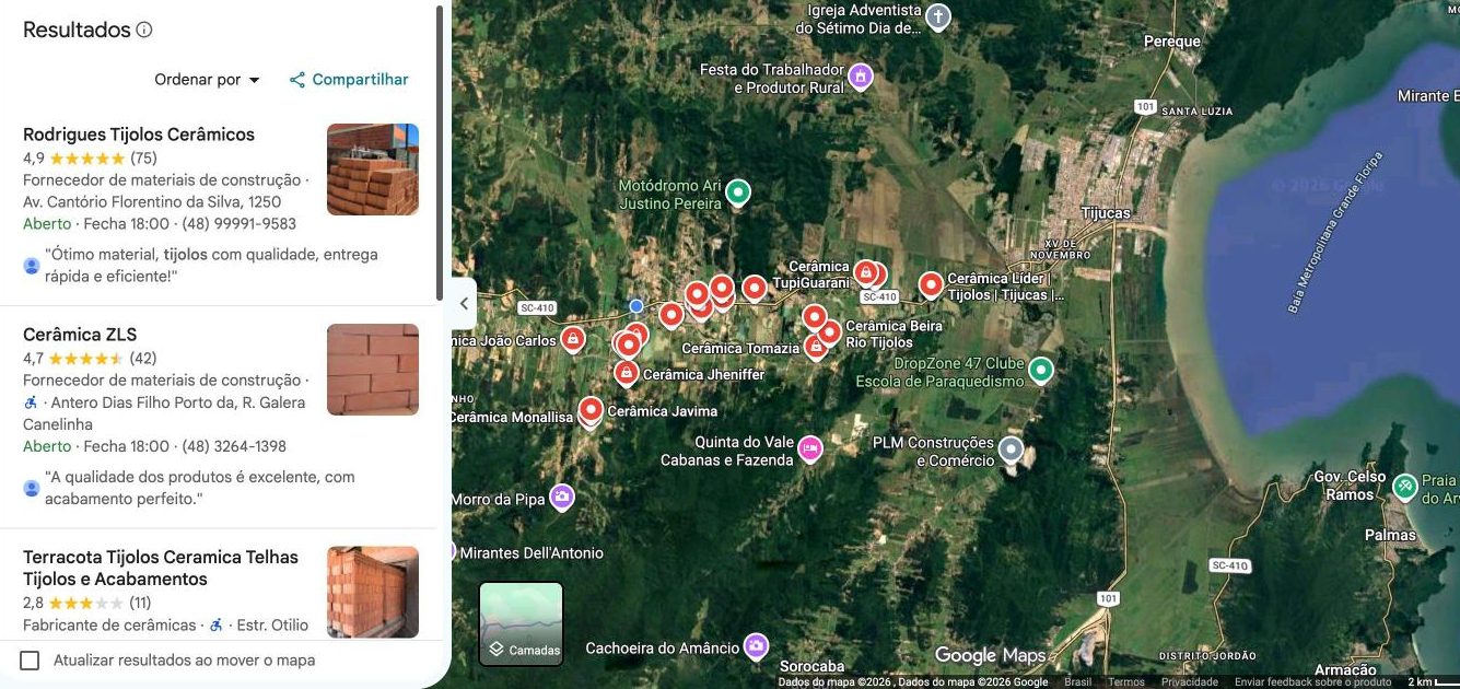 Google Maps com a busca fábrica de tijolos na região de Canelinha e Tijucas: lista à esquerda começando por Rodrigues Tijolos Cerâmicos e Cerâmica ZLS, e o mapa com dezenas de cerâmicas ao longo da SC-410.