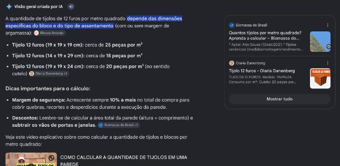 Visão geral criada por IA do Google respondendo quantos tijolos de 12 furos cabem por metro quadrado, com fontes Blocos Arcanjo, Olaria Danenberg e Biomassa do Brasil.